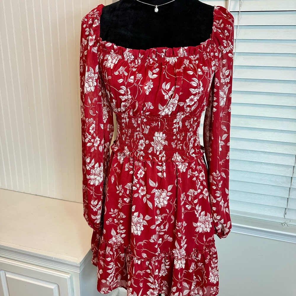 Francesca’s Trixxi Red and White Long Sleeve Sundress with Square Neck